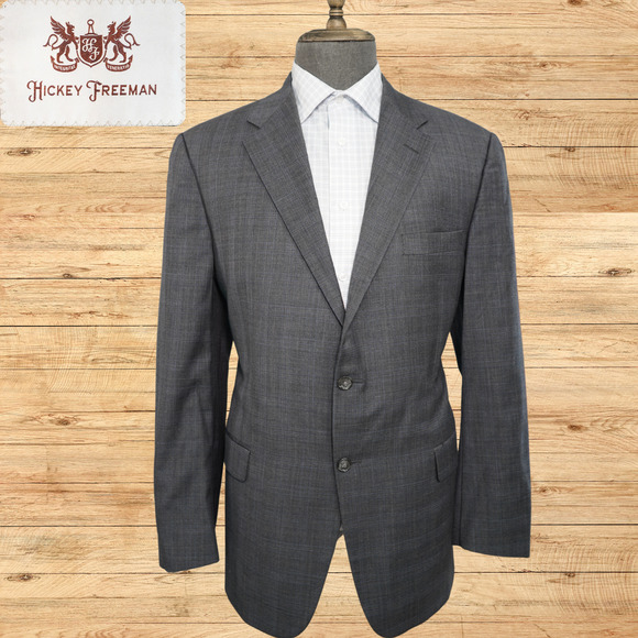 Hickey Freeman Lindsey Suit Jacket Mens 44R Worsted Wool Glenn Plaid Gray EUC - Picture 1 of 7
